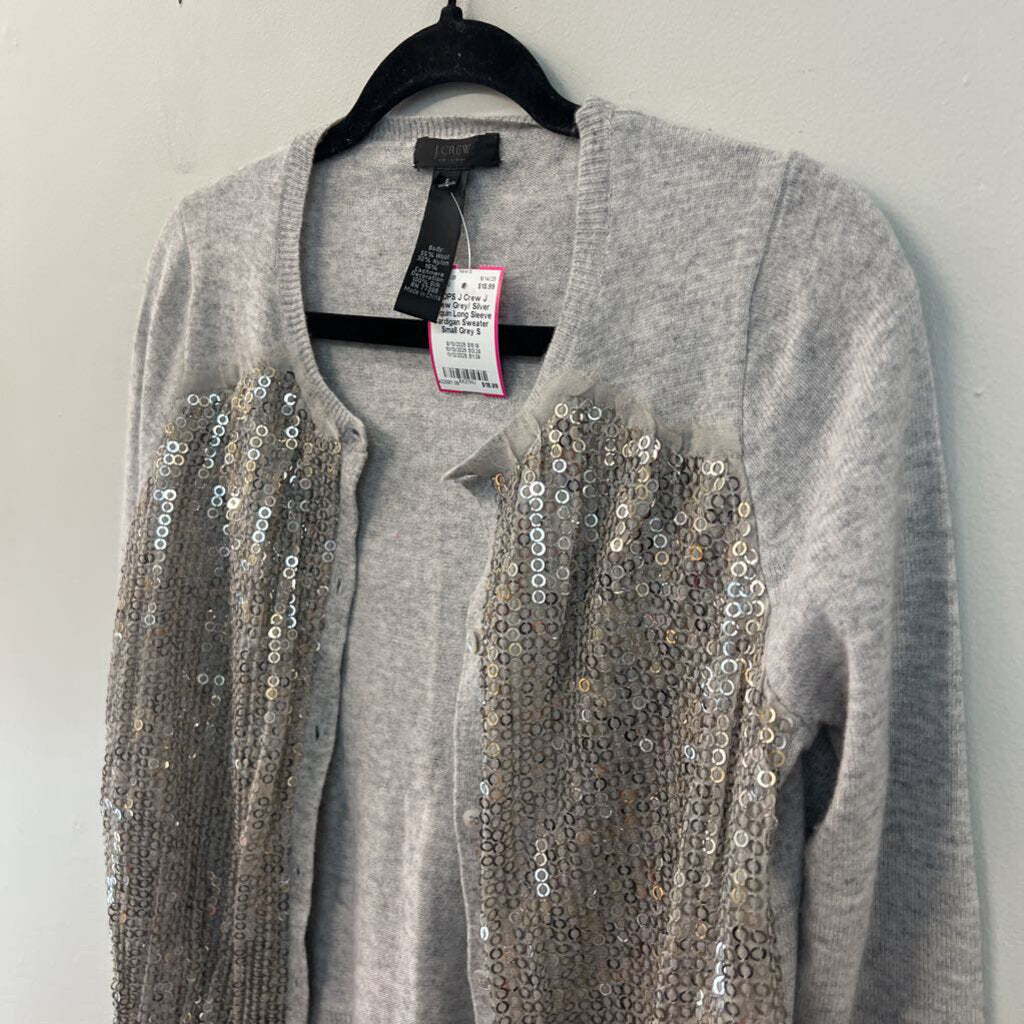 J Crew Grey/ Silver Sequin Long Sleeve Cardigan Sweater Small