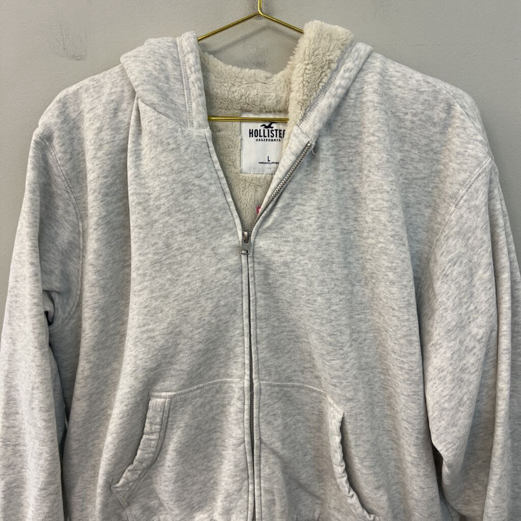 Hollister Grey Fleece Lined Zip Up Hoodie Large