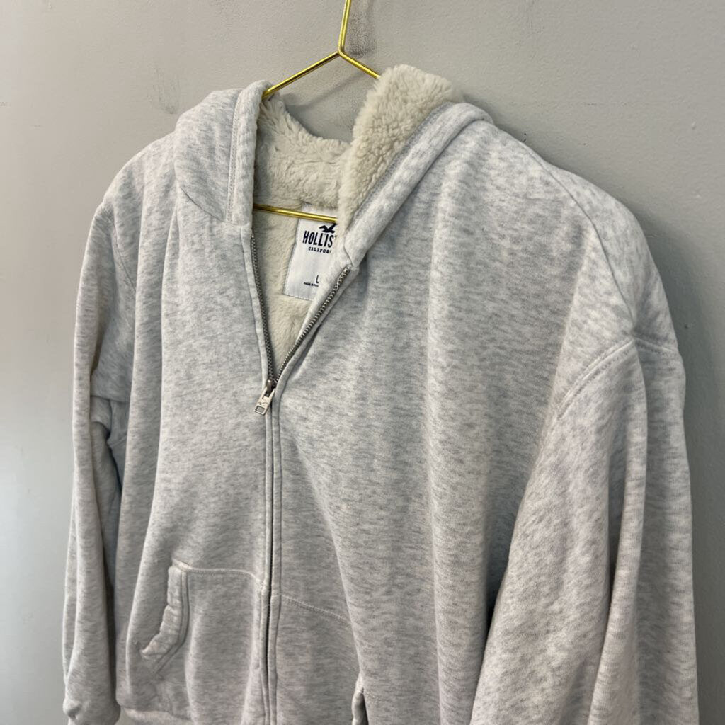 Hollister Grey Fleece Lined Zip Up Hoodie Large