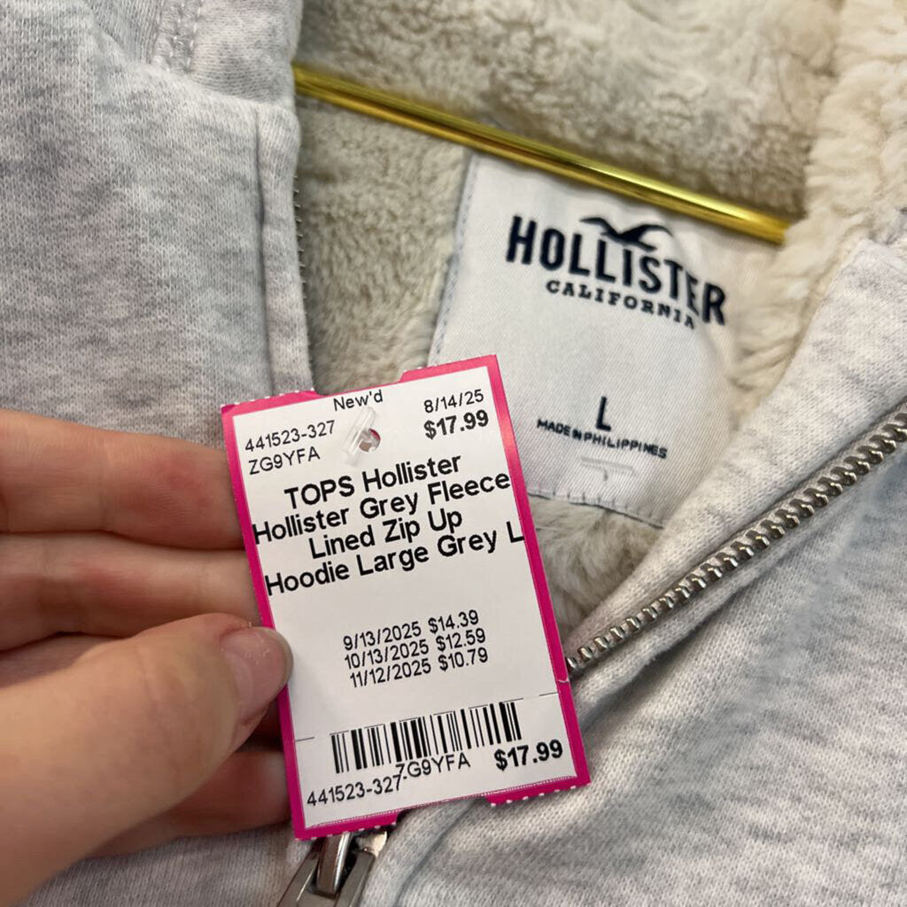 Hollister Grey Fleece Lined Zip Up Hoodie Large