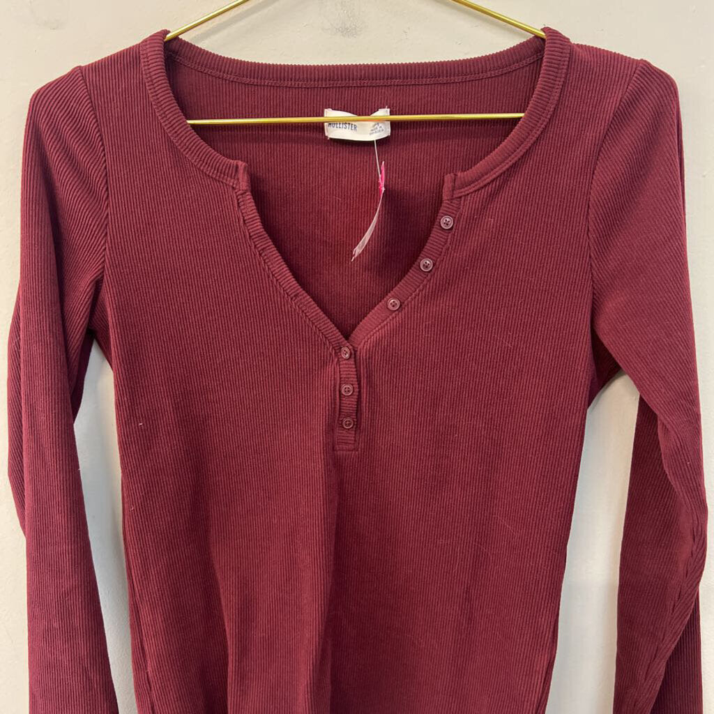 Hollister Burgundy Ribbed Long Sleeve Henley Top Medium