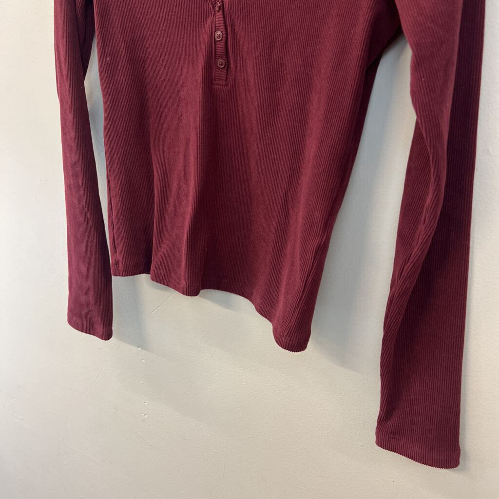 Hollister Burgundy Ribbed Long Sleeve Henley Top Medium