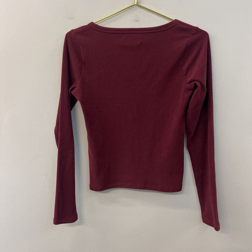Hollister Burgundy Ribbed Long Sleeve Henley Top Medium