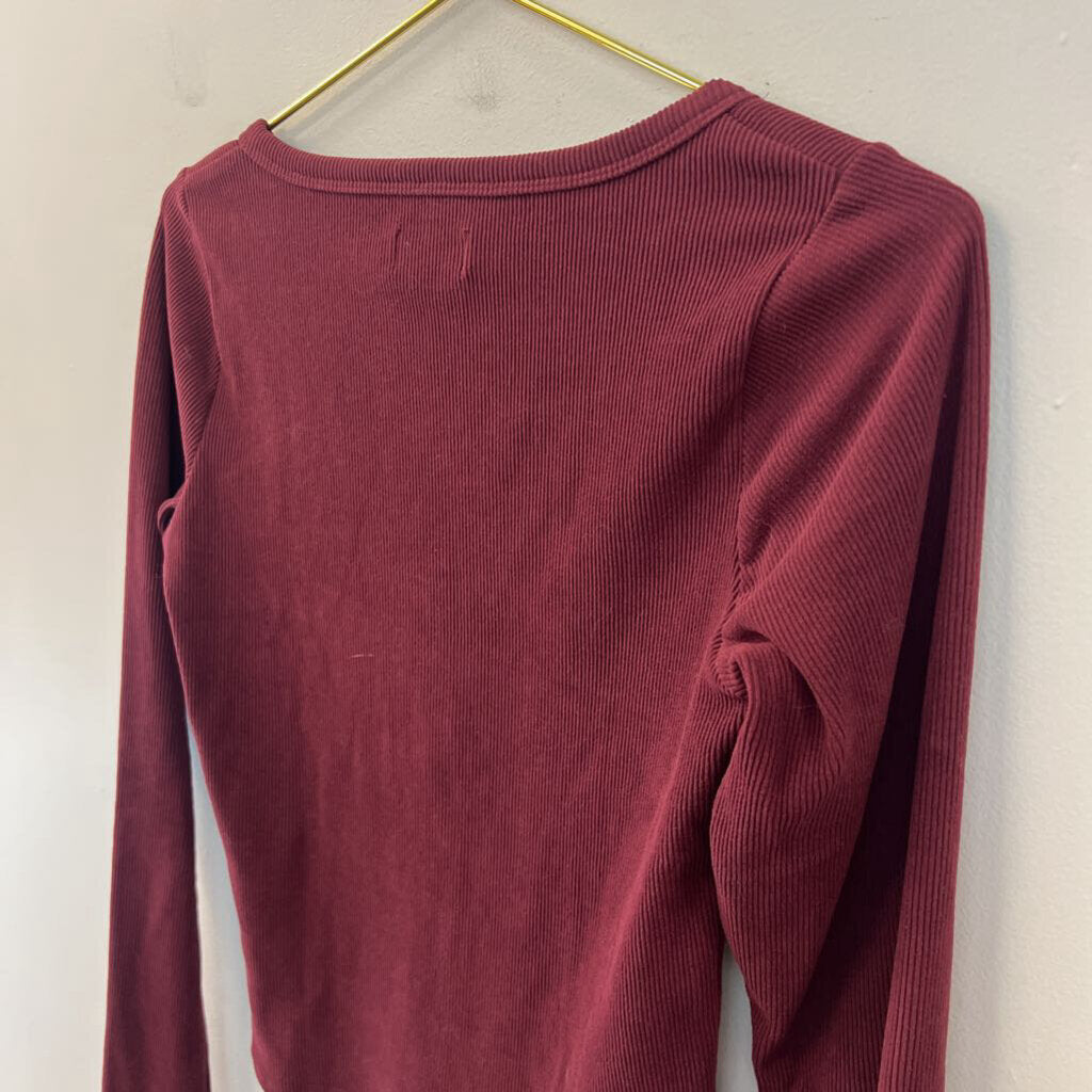 Hollister Burgundy Ribbed Long Sleeve Henley Top Medium