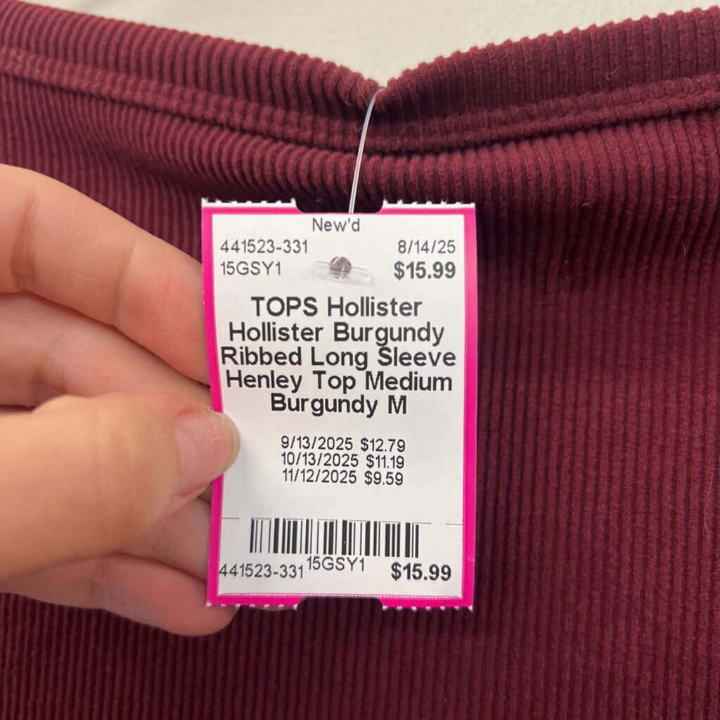 Hollister Burgundy Ribbed Long Sleeve Henley Top Medium