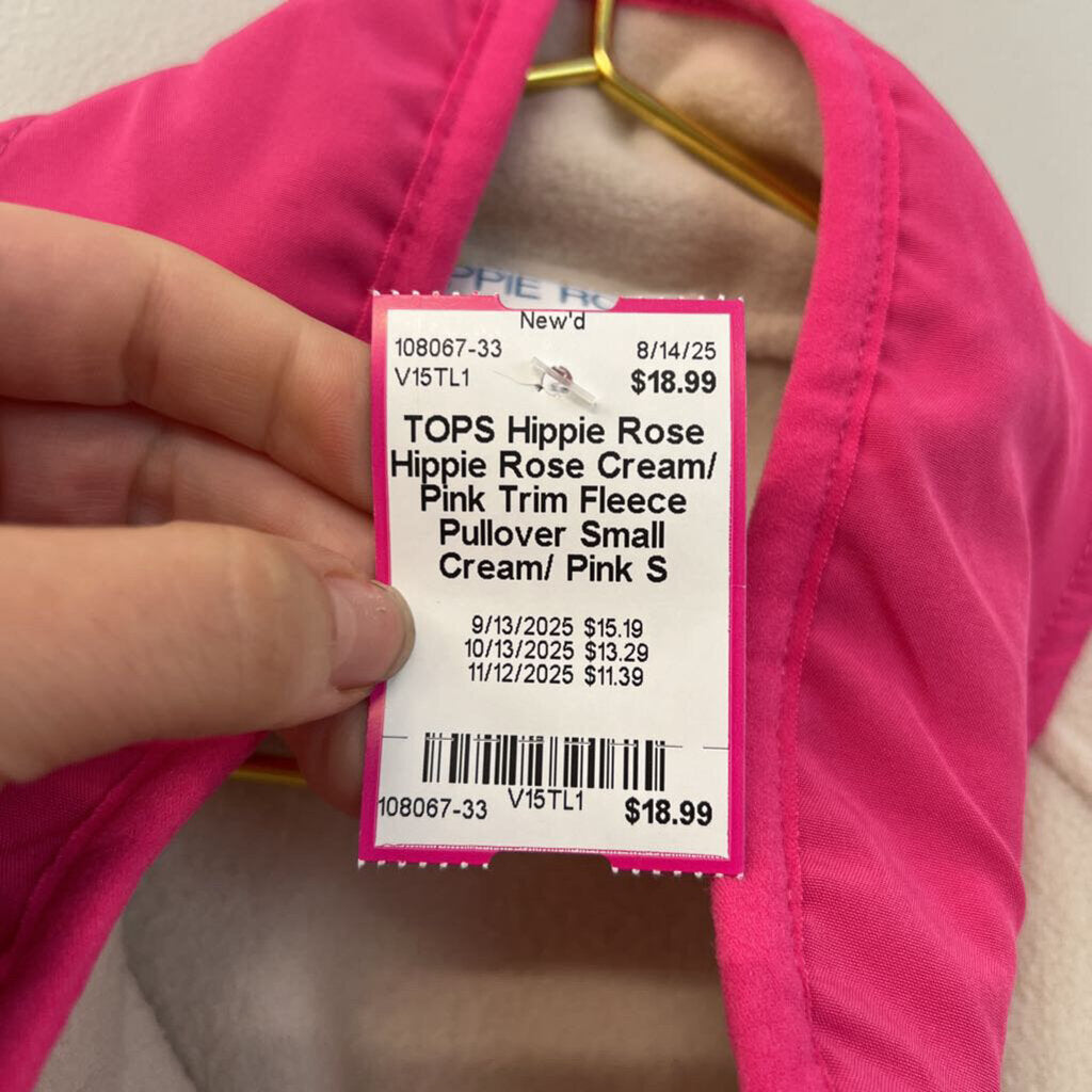 Hippie Rose Cream/ Pink Trim Fleece Pullover Small