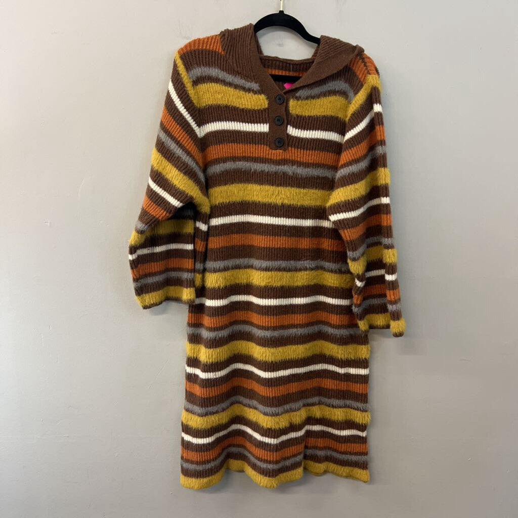 Brown/ Multi Striped Fuzzy Knit Long Sleeve Hooded Sweater Dress Extra Large