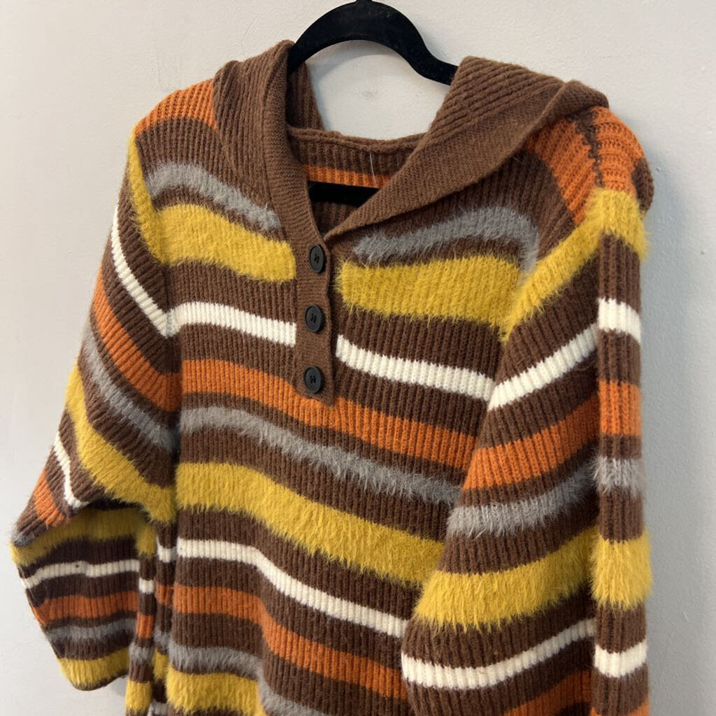 Brown/ Multi Striped Fuzzy Knit Long Sleeve Hooded Sweater Dress Extra Large