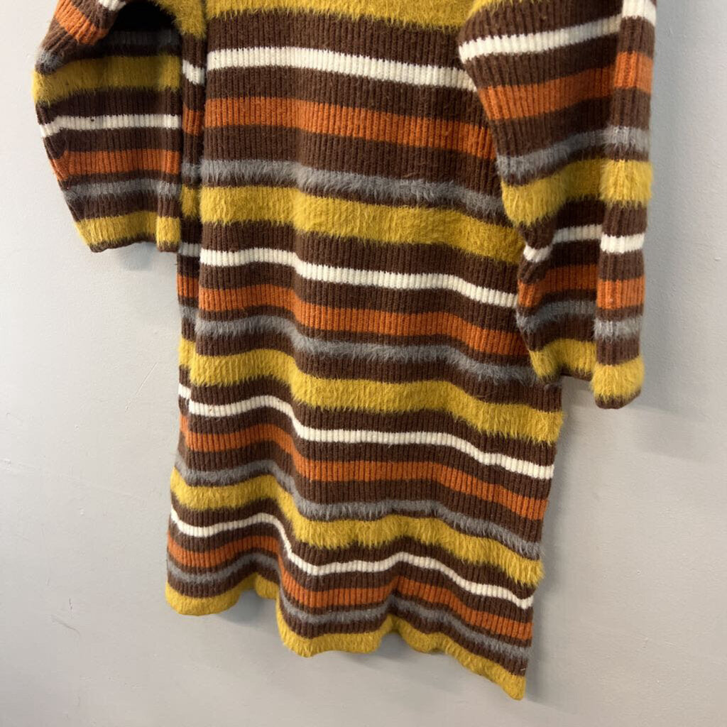 Brown/ Multi Striped Fuzzy Knit Long Sleeve Hooded Sweater Dress Extra Large