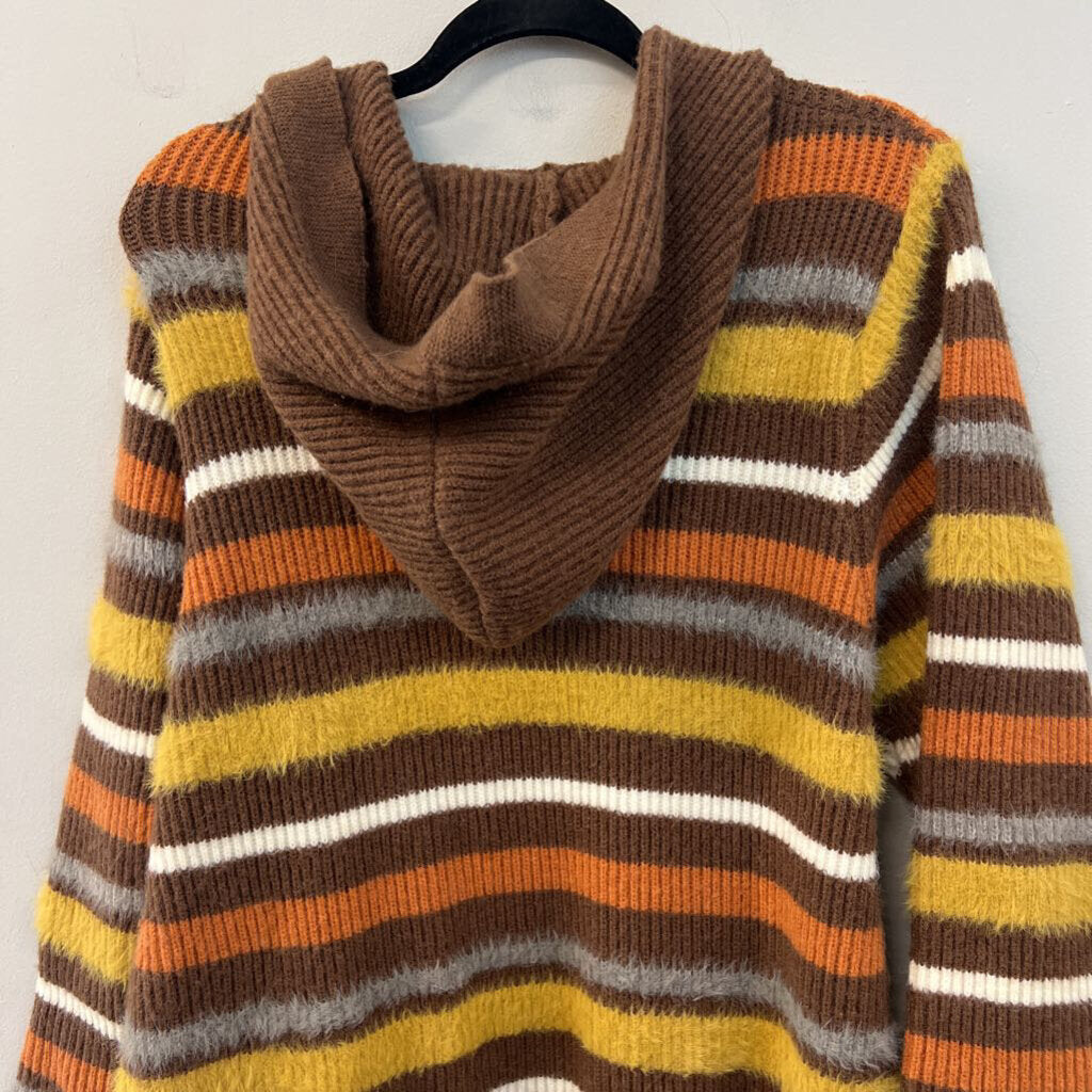 Brown/ Multi Striped Fuzzy Knit Long Sleeve Hooded Sweater Dress Extra Large