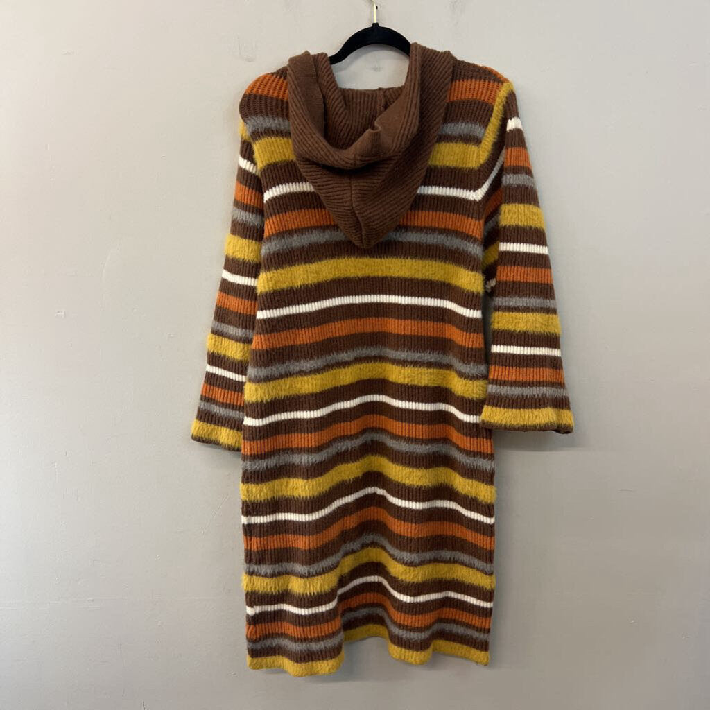 Brown/ Multi Striped Fuzzy Knit Long Sleeve Hooded Sweater Dress Extra Large