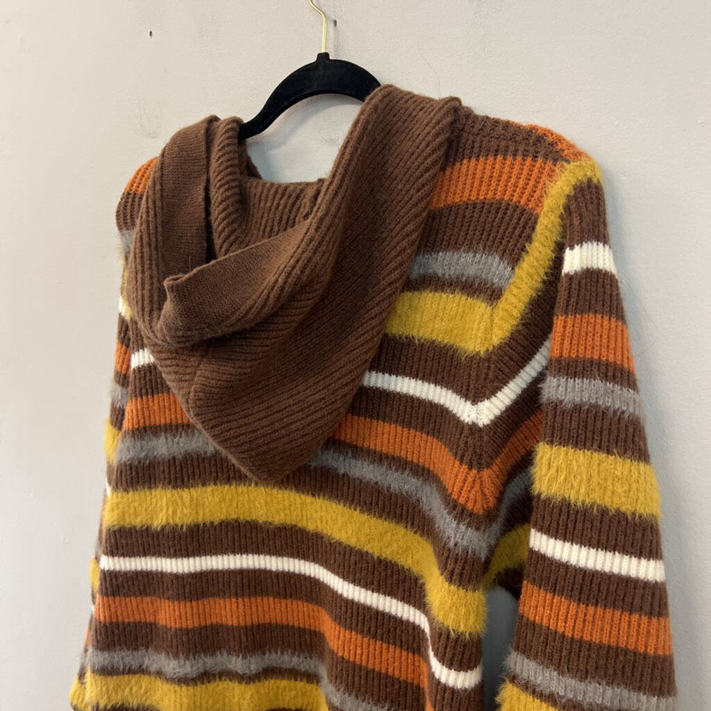 Brown/ Multi Striped Fuzzy Knit Long Sleeve Hooded Sweater Dress Extra Large