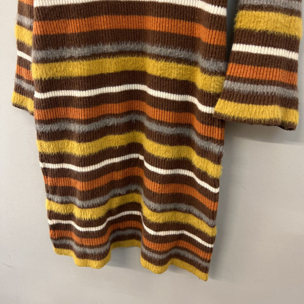 Brown/ Multi Striped Fuzzy Knit Long Sleeve Hooded Sweater Dress Extra Large
