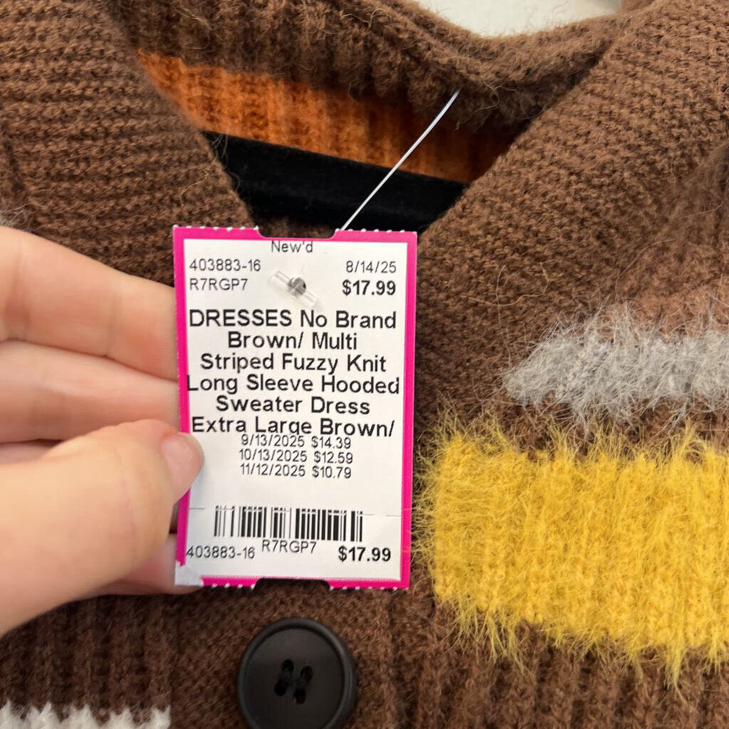 Brown/ Multi Striped Fuzzy Knit Long Sleeve Hooded Sweater Dress Extra Large