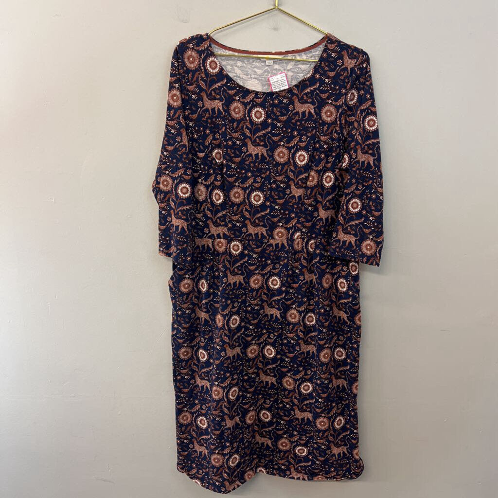 Boden Navy/ Brown Print Long Sleeve Midi Dress Extra Large