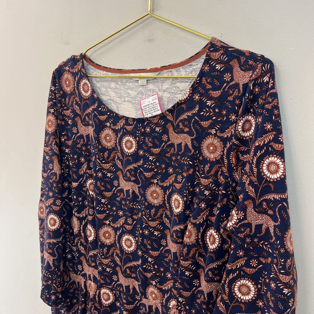 Boden Navy/ Brown Print Long Sleeve Midi Dress Extra Large