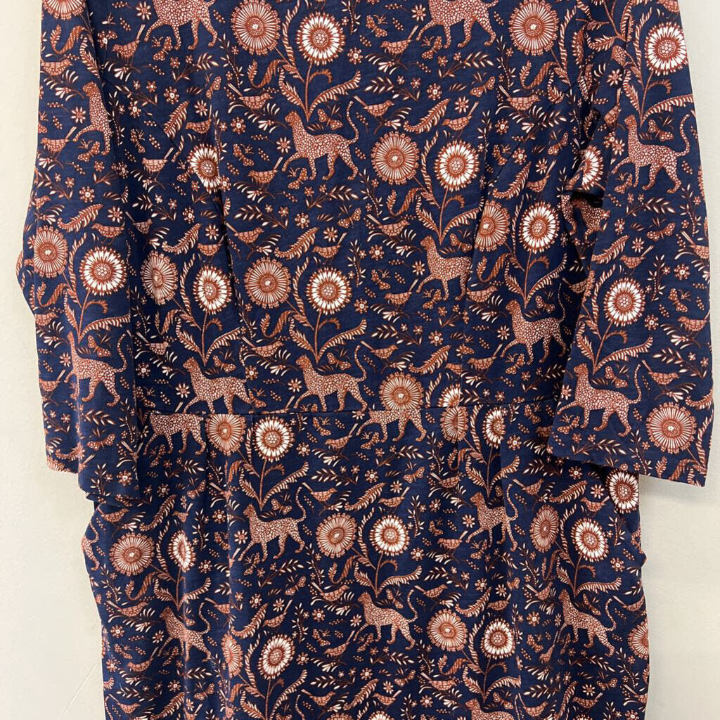 Boden Navy/ Brown Print Long Sleeve Midi Dress Extra Large