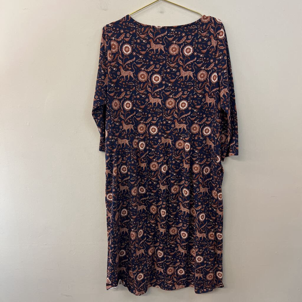 Boden Navy/ Brown Print Long Sleeve Midi Dress Extra Large