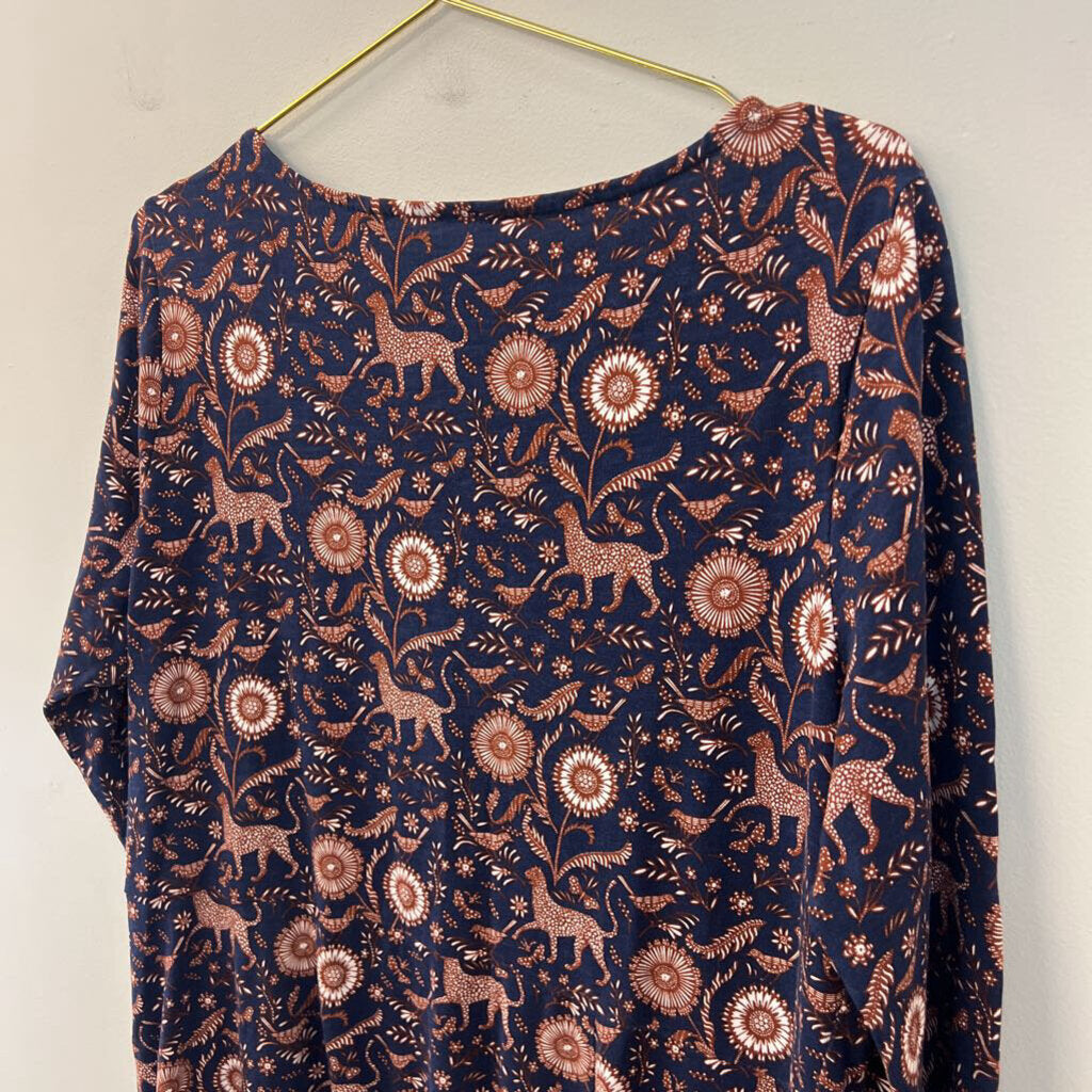 Boden Navy/ Brown Print Long Sleeve Midi Dress Extra Large