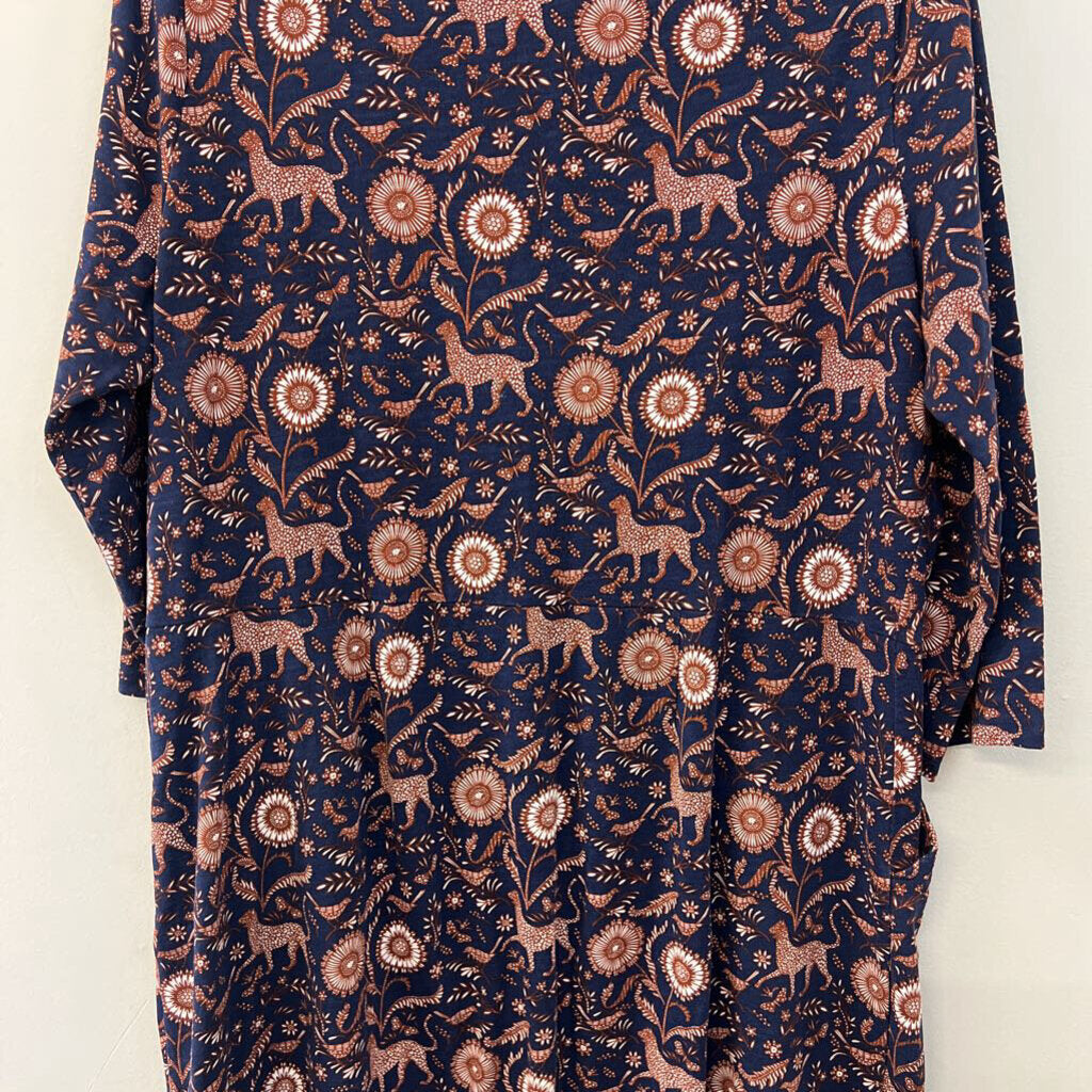 Boden Navy/ Brown Print Long Sleeve Midi Dress Extra Large