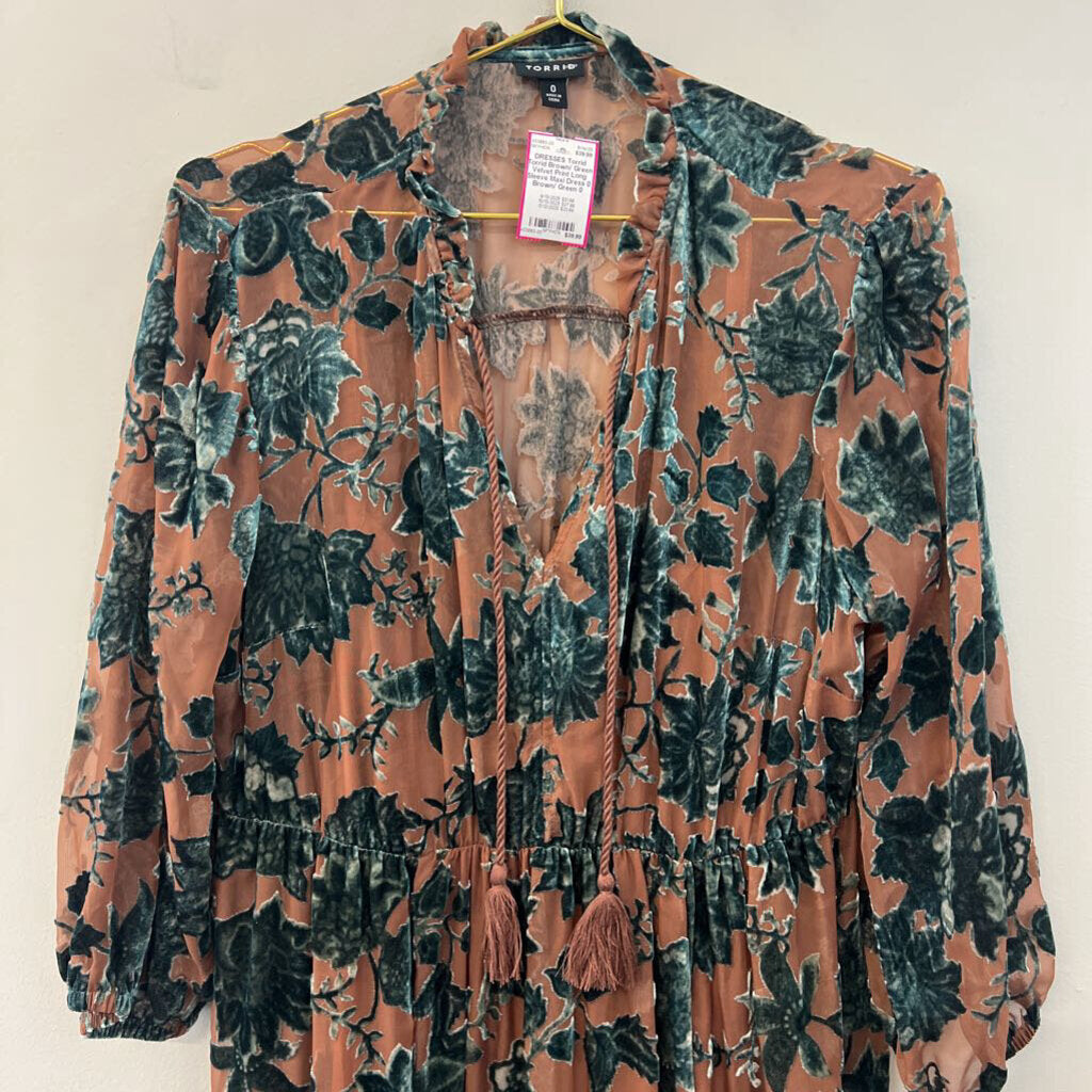 Torrid Brown/ Green Velvet Print Long Sleeve Maxi Dress 0