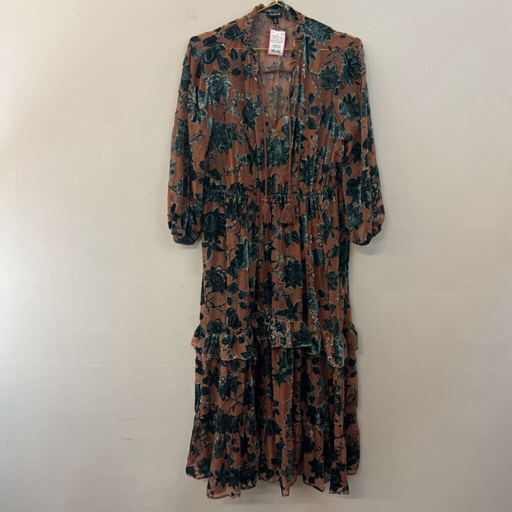 Torrid Brown/ Green Velvet Print Long Sleeve Maxi Dress 0