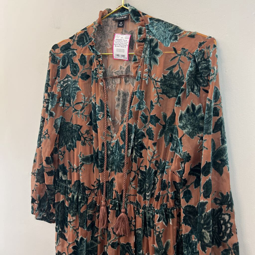 Torrid Brown/ Green Velvet Print Long Sleeve Maxi Dress 0