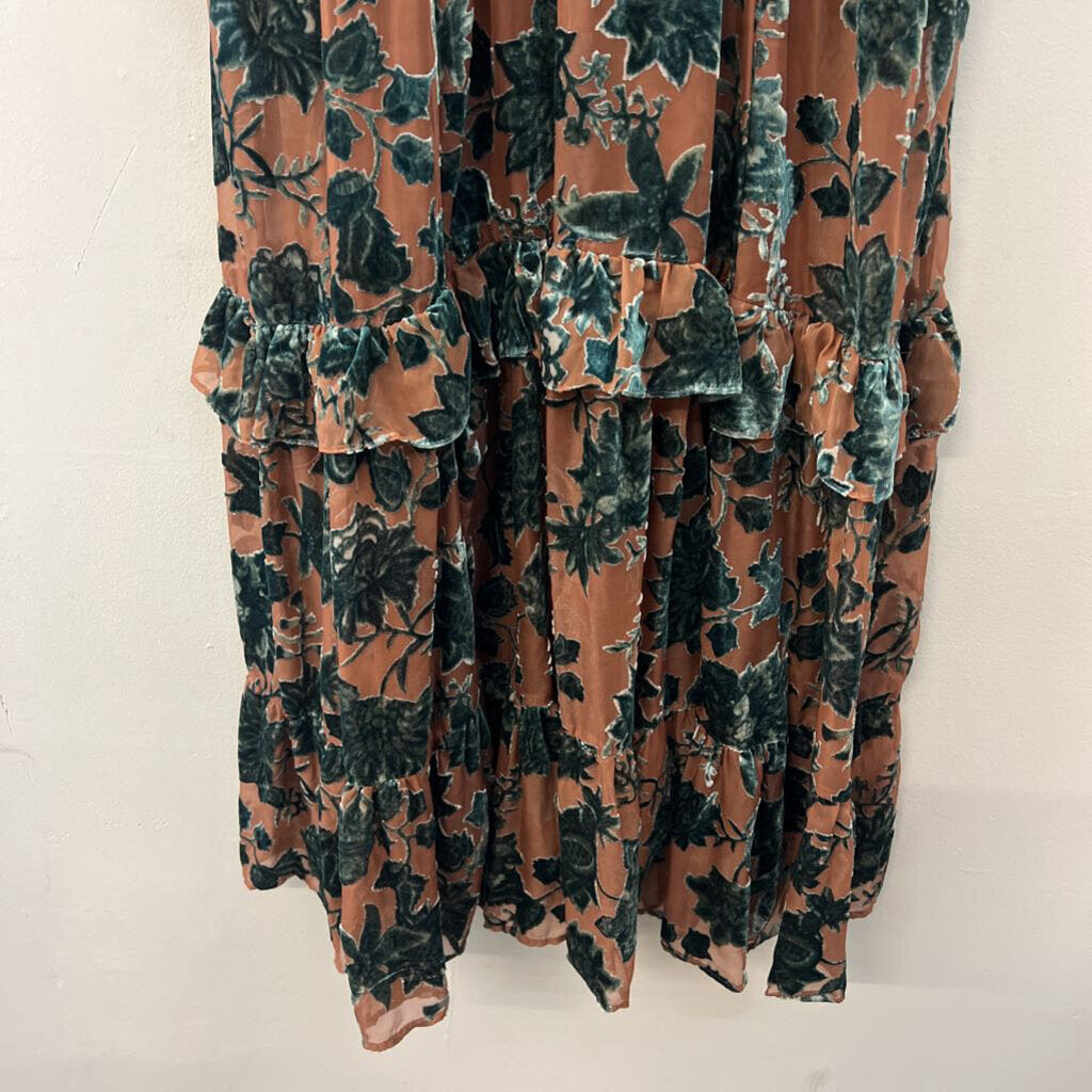 Torrid Brown/ Green Velvet Print Long Sleeve Maxi Dress 0