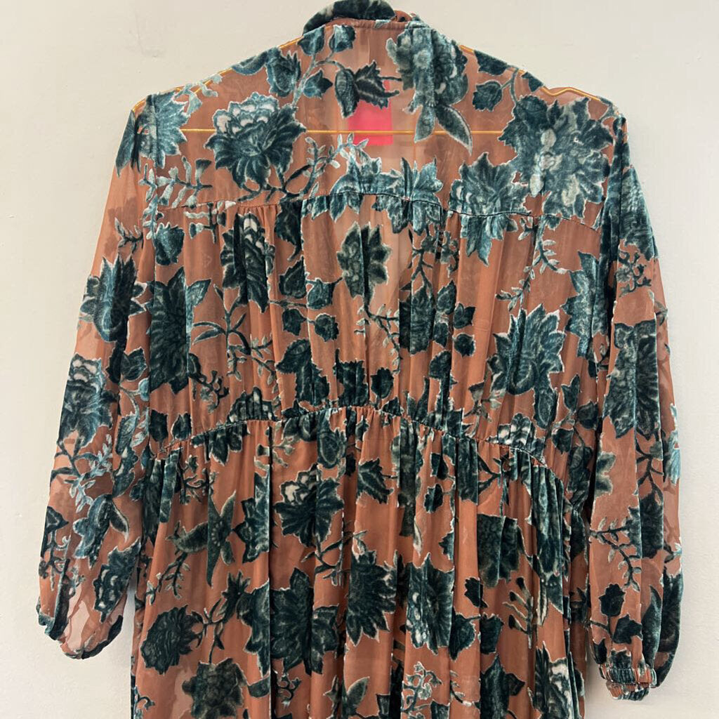 Torrid Brown/ Green Velvet Print Long Sleeve Maxi Dress 0