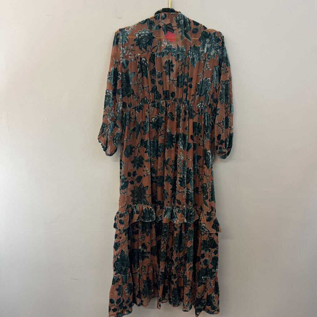 Torrid Brown/ Green Velvet Print Long Sleeve Maxi Dress 0