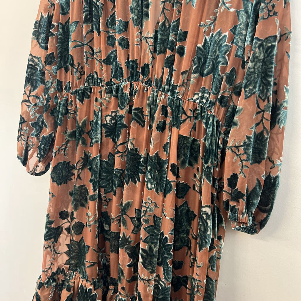 Torrid Brown/ Green Velvet Print Long Sleeve Maxi Dress 0