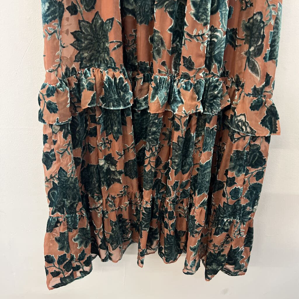 Torrid Brown/ Green Velvet Print Long Sleeve Maxi Dress 0