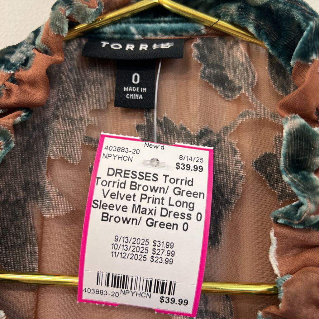 Torrid Brown/ Green Velvet Print Long Sleeve Maxi Dress 0