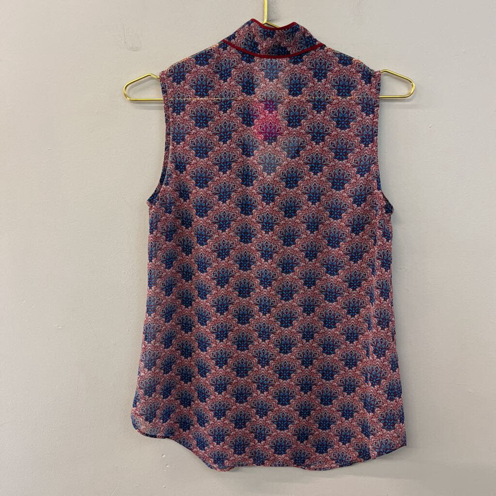 Cabi Sheer Red/ Blue Print Button Front Tank Top Small