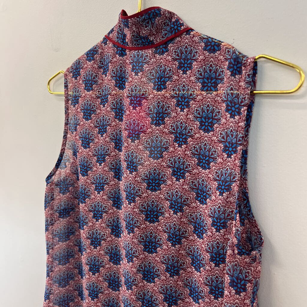 Cabi Sheer Red/ Blue Print Button Front Tank Top Small