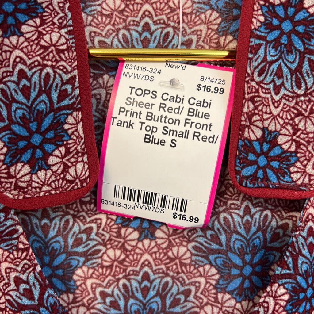 Cabi Sheer Red/ Blue Print Button Front Tank Top Small
