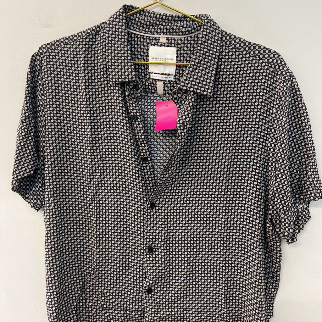 Denim and Flower Brown/ Beige Print Short Sleeve Button Down Top Large