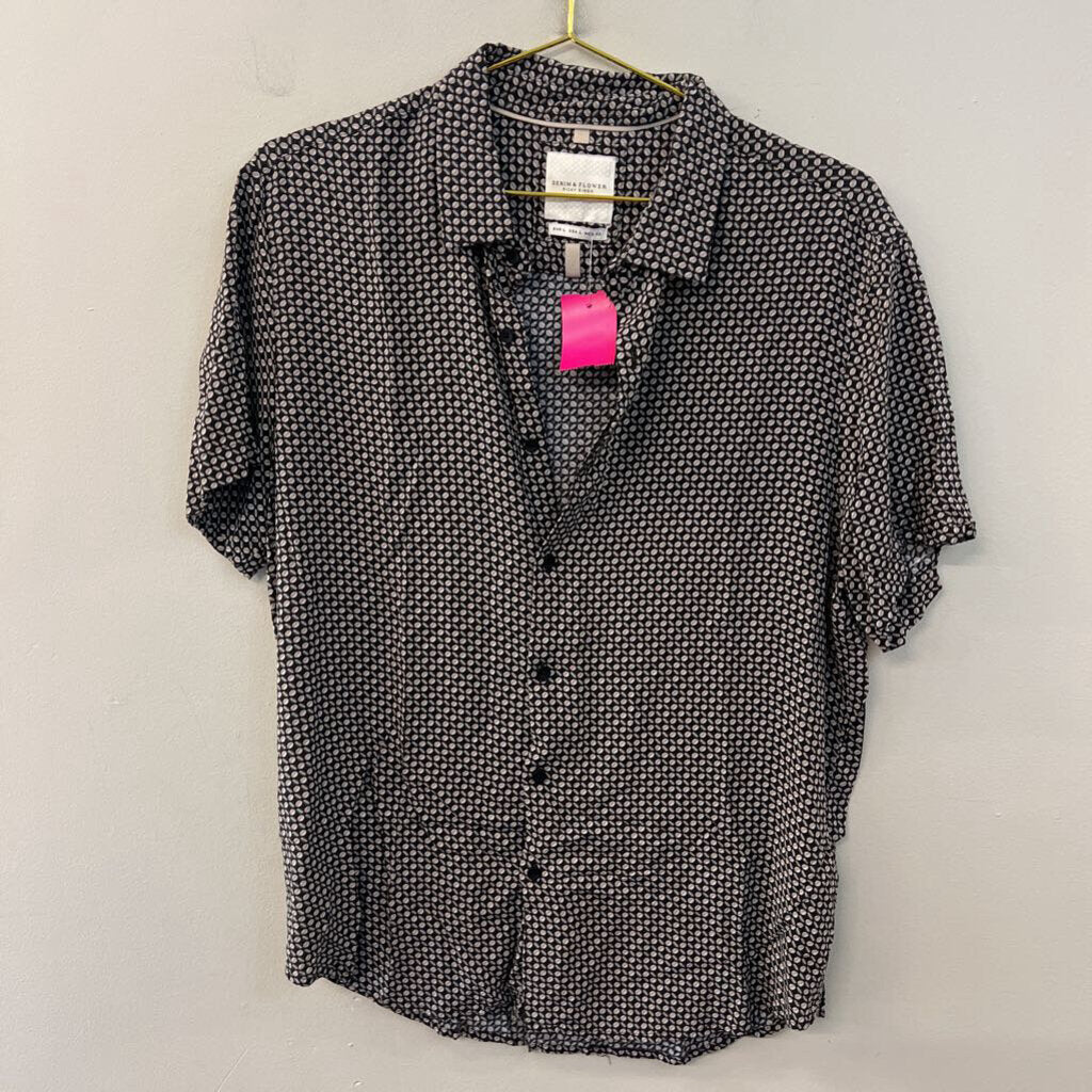 Denim and Flower Brown/ Beige Print Short Sleeve Button Down Top Large