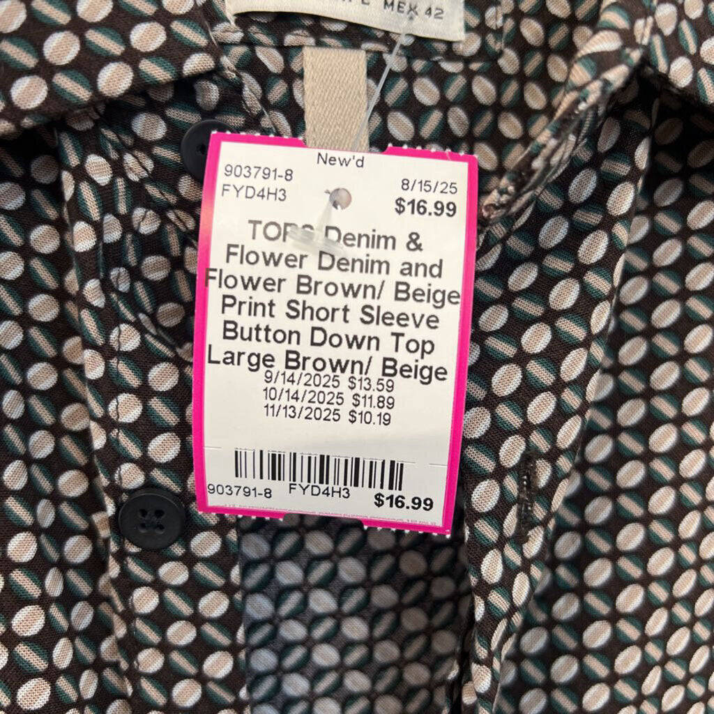 Denim and Flower Brown/ Beige Print Short Sleeve Button Down Top Large