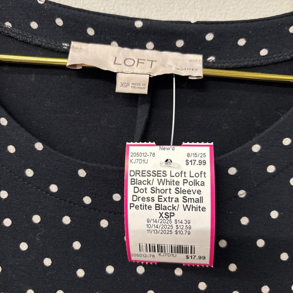 Loft Black/ White Polka Dot Short Sleeve Dress Extra Small Petite