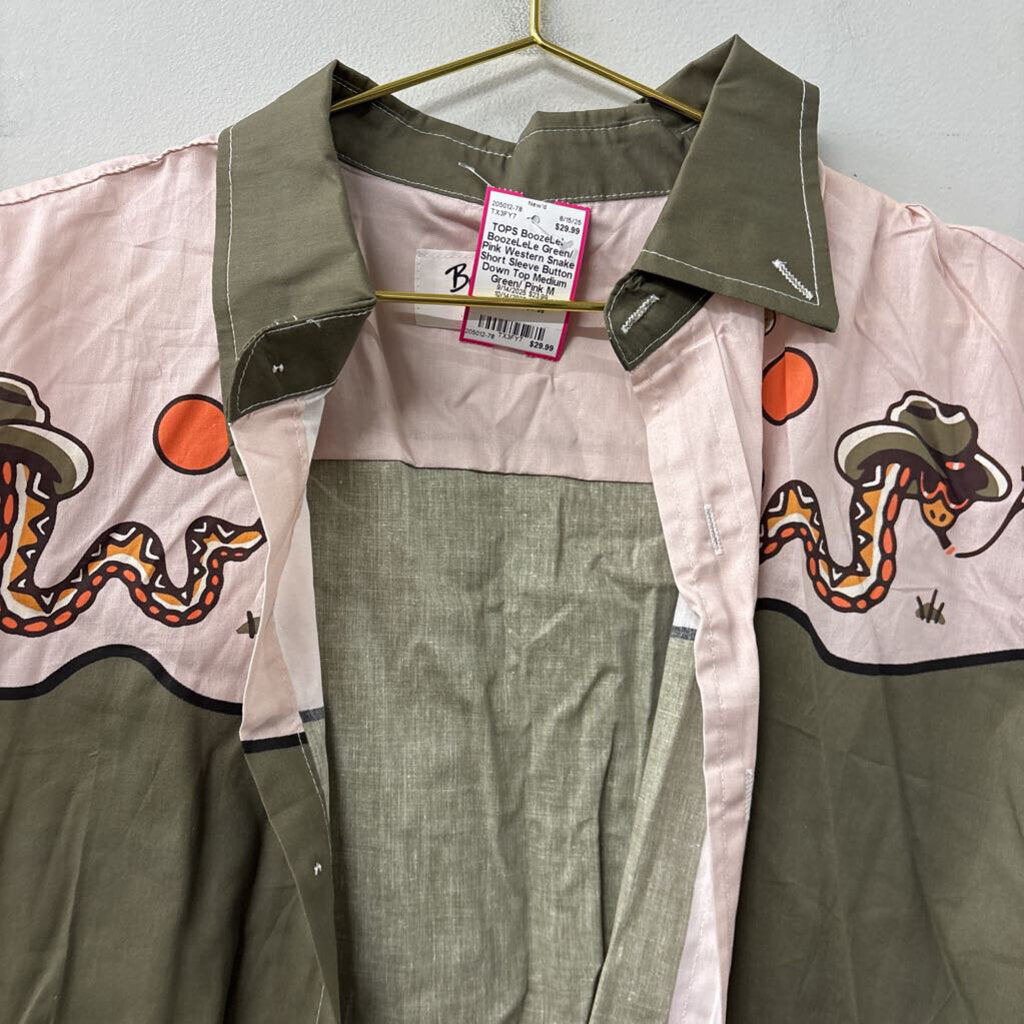BoozeLeLe Green/ Pink Western Snake Short Sleeve Button Down Top Medium