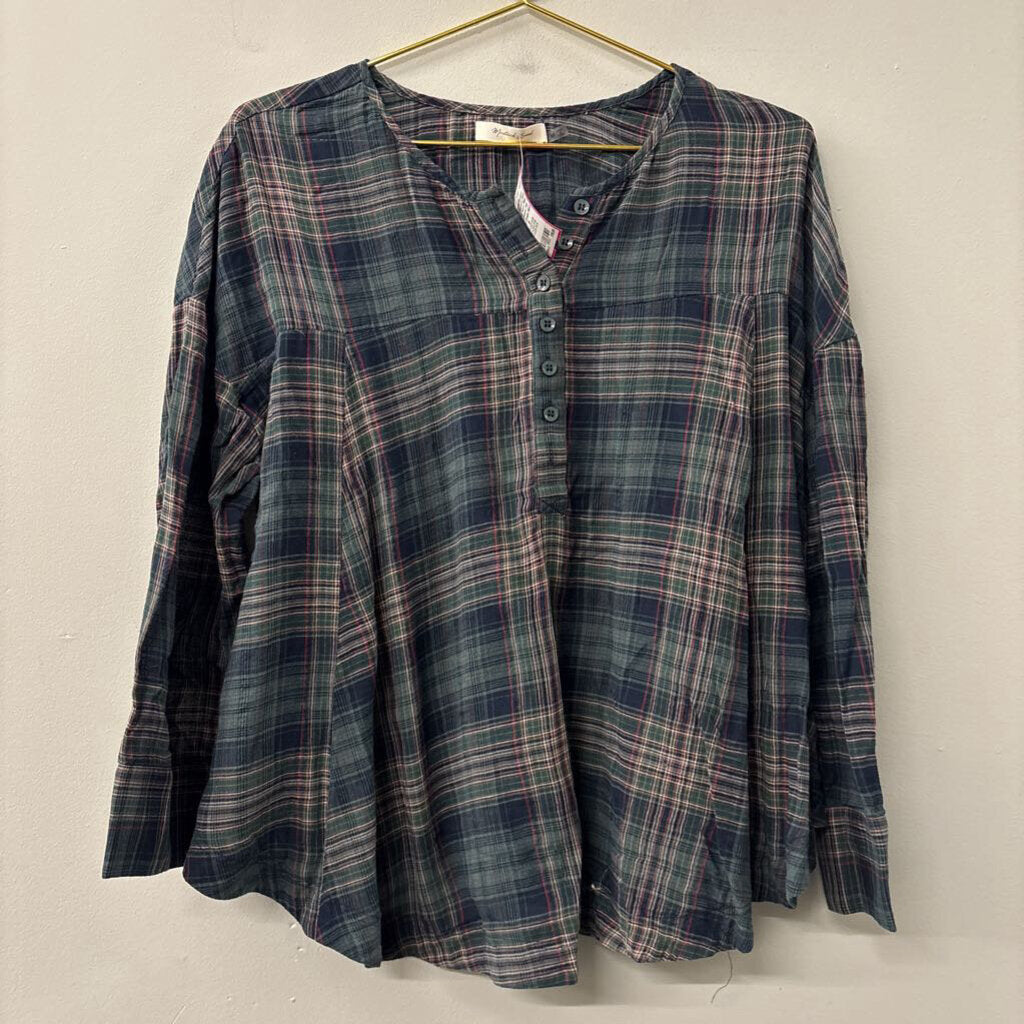 Mustard Seed Green/ Navy Plaid Long Sleeve Top Medium