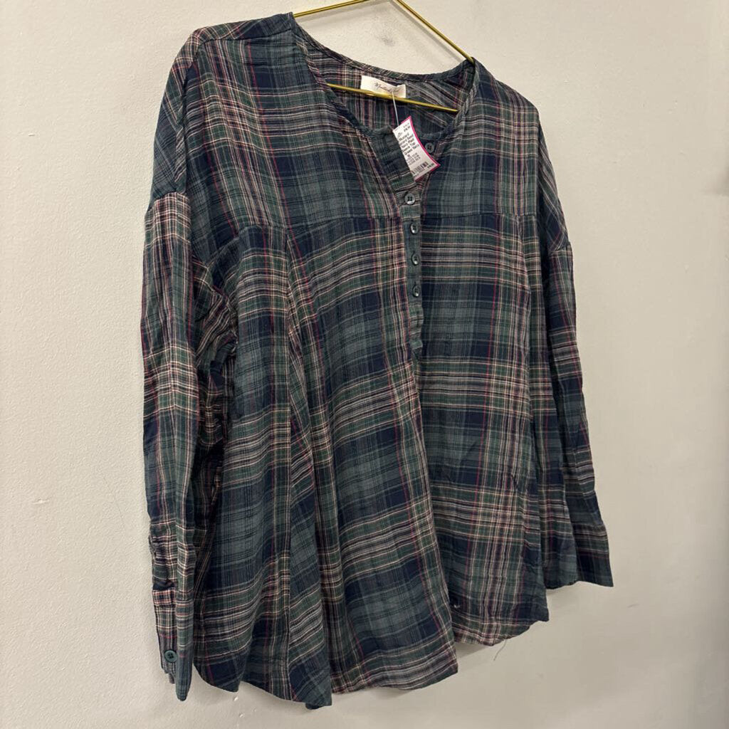 Mustard Seed Green/ Navy Plaid Long Sleeve Top Medium