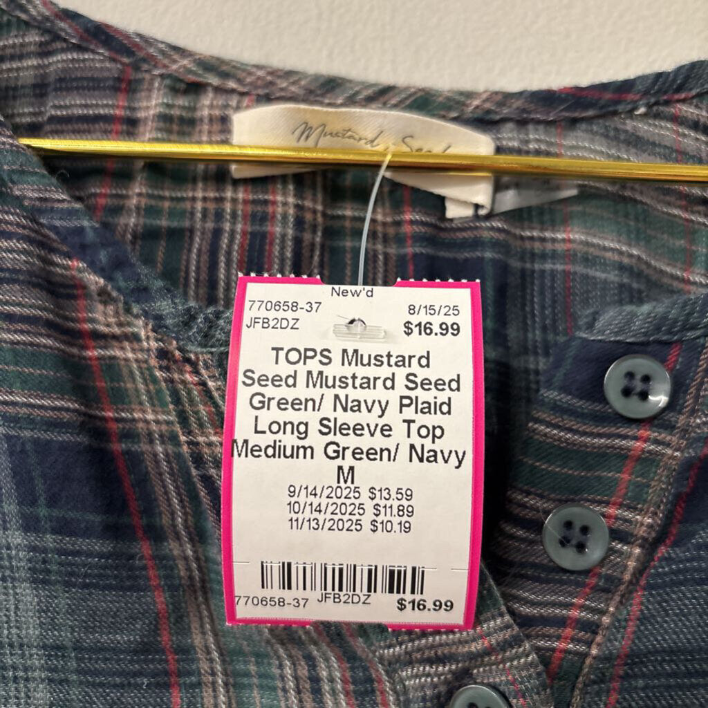 Mustard Seed Green/ Navy Plaid Long Sleeve Top Medium