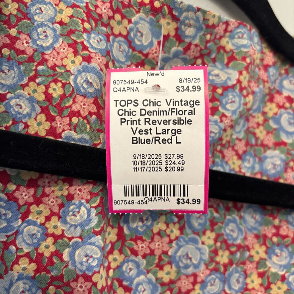Vintage Chic Denim/Floral Print Reversible Vest Large
