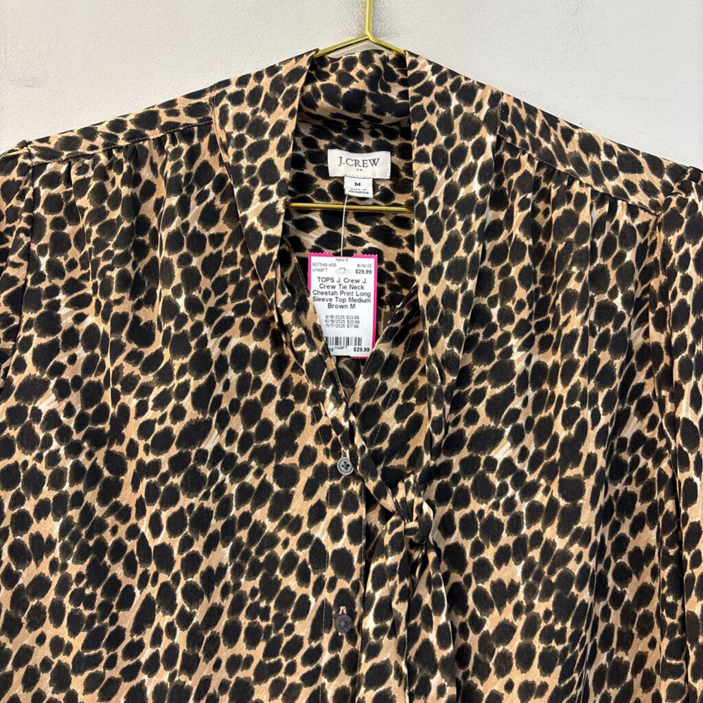 J. Crew Tie Neck Cheetah Print Long Sleeve Top Medium