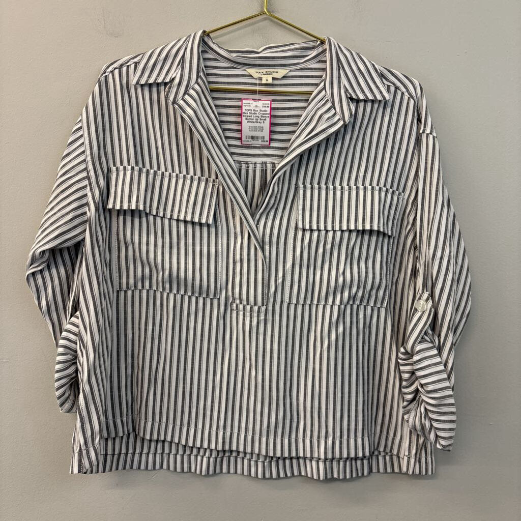 Max Studio Cropped Striped Long Sleeve Button Up Small