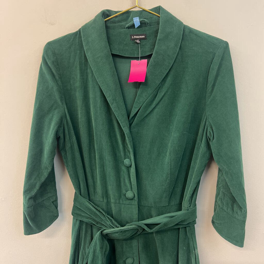 J Peterman Green Corduroy Long Sleeve Belt Waist Button Down Midi Dress 10