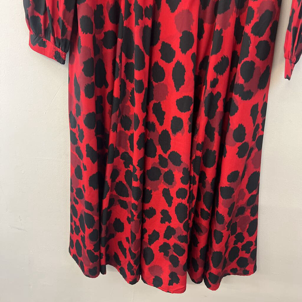 eShakti Red/ Black Print Long Sleeve Mock Neck Maxi Dress Medium