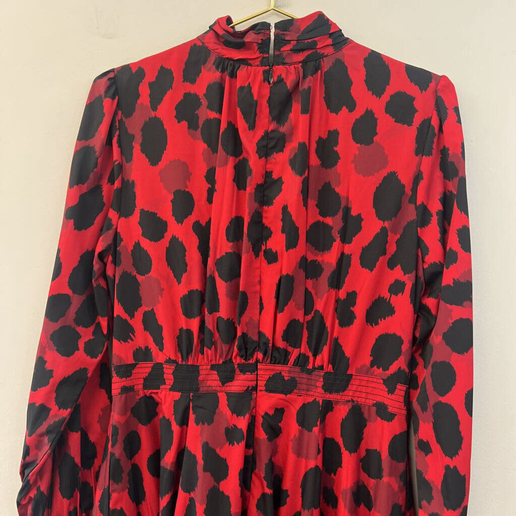 eShakti Red/ Black Print Long Sleeve Mock Neck Maxi Dress Medium